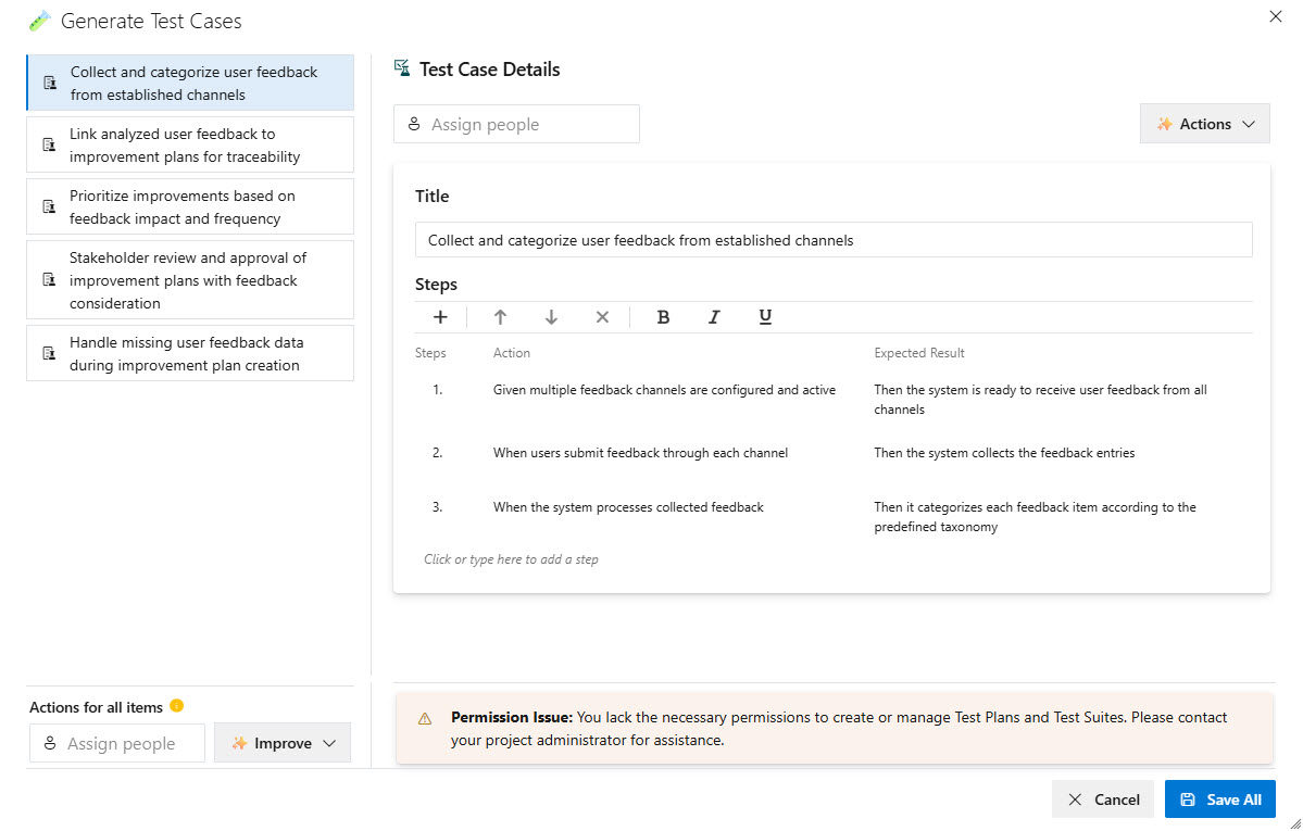 Janus Test Case Generator showing generated test steps