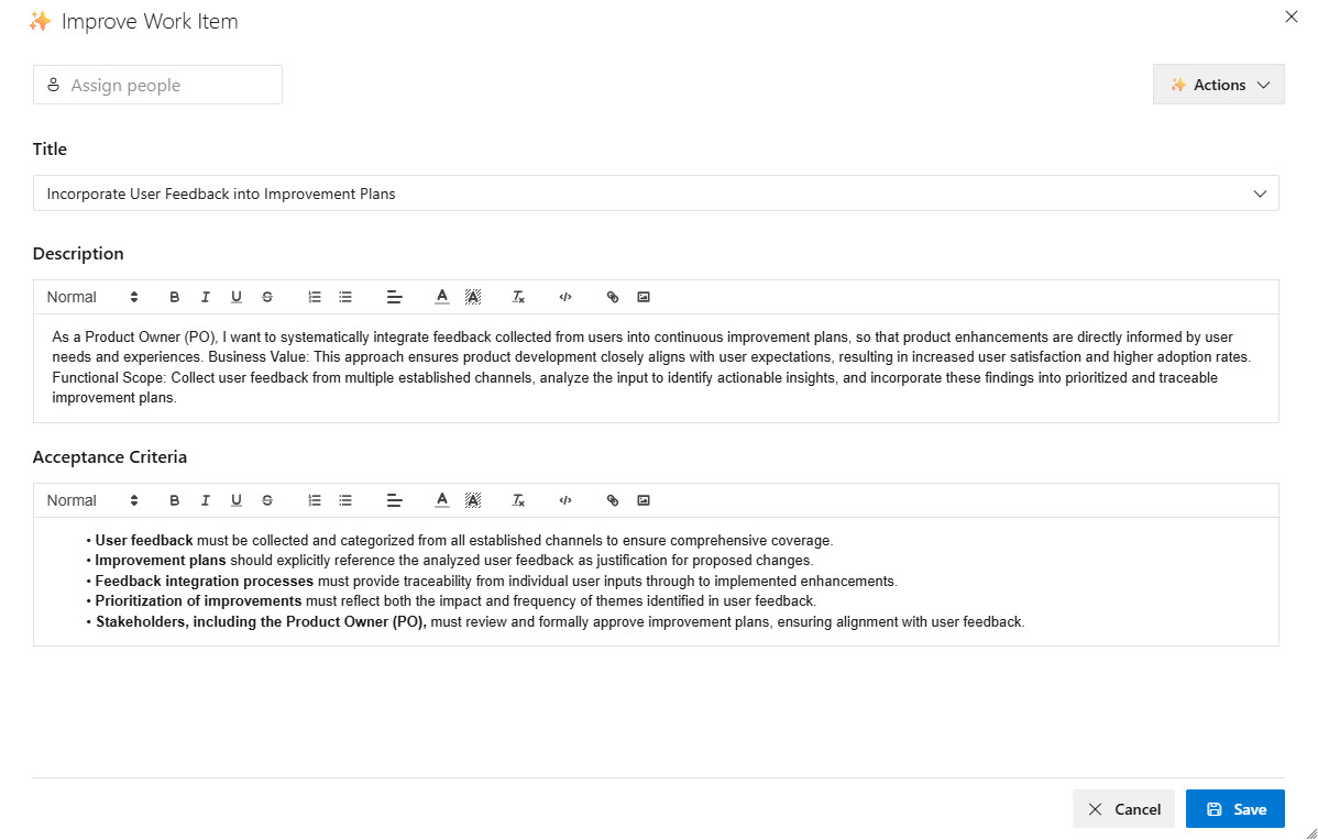 Janus Improve Work Item panel