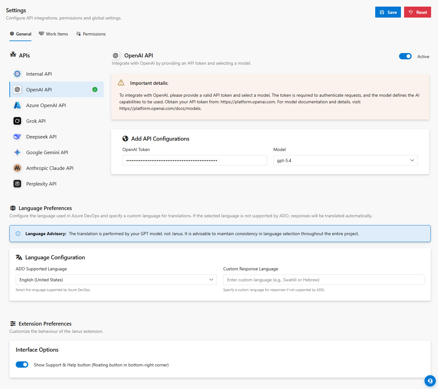 Janus AI Assistant in Project Settings Extensions sidebar