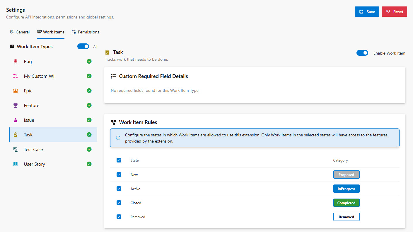 Janus Work Item Types Settings tab