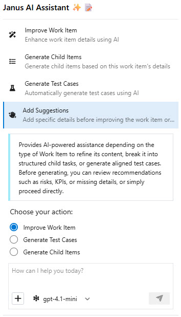 Add Suggestions panel expanded in the work item form