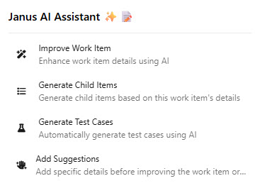 Janus AI Assistant main panel inside Azure DevOps